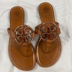 Tory Burch Tan and Gold Miller Sandals